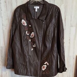 Denim&Co Chocolate Leather Jacket with Floral Design